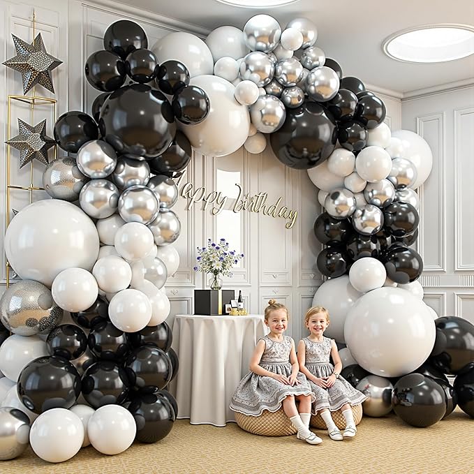 412Pcs Black and Silver White Balloon Arch Kit, 18 12 10 5 Inch Different Size Black and Silver White Balloons for Graduation Birthday Wedding Party Decorations