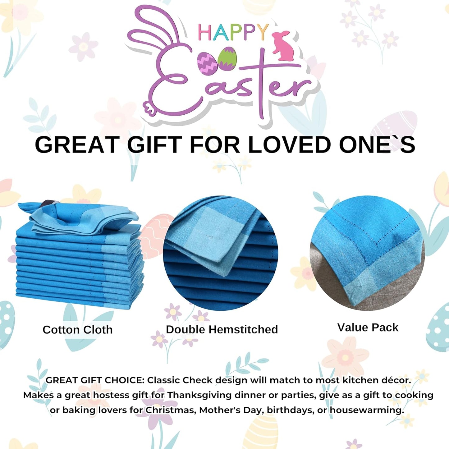 Homidate Cotton Cloth Napkins Set of 12 – 20x20 Blue Multi Double Hemstitched – Machine Washable Dinner Napkins for Weddings, Parties & Father’s Day Celebrations