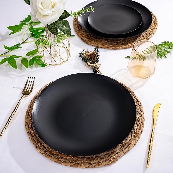 EI enjonirinjonir 80pcs Black Plastic Plates Disposable for Dinner,10.25inch Party Plates Disposable Heavy Duty,Elegant Matte Plastic Plate Frosted is Ideal for Wedding/Birthday//Tables Decoration