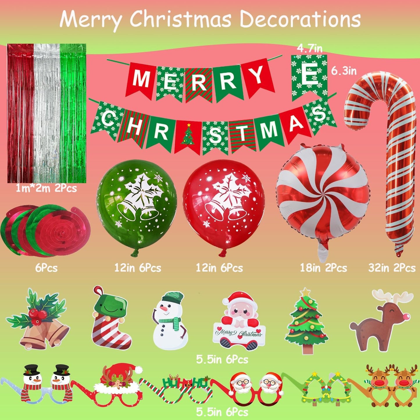 Christmas Decorations, Merry Christmas Decor Banner Hanging Swirls Candy Cane Balloons Tinsel Backdrop Glasses Frames for Indoor Outdoor Decorations