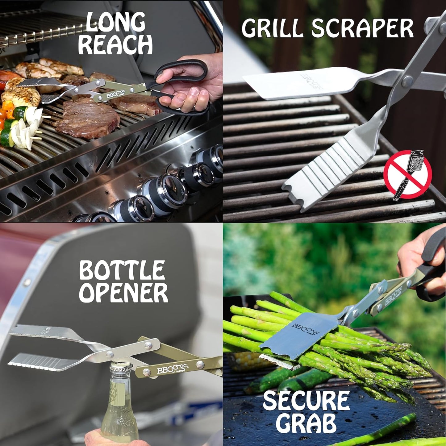 BBQ Croc 3-in-1 Barbecue Tool 18-inch + 15-inch 2-Pack - Extra Light and Long Tongs, Spatula and Grill Scraper (Blue) (18 inch + 15 inch)