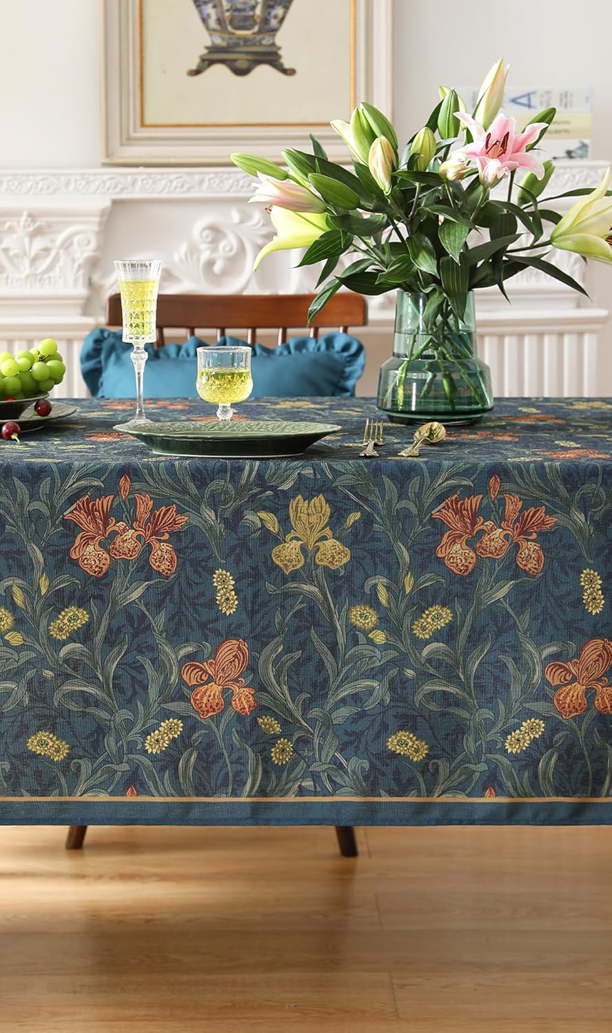 patdrea Designer Vintage Dark Blue Linen Square Tablecloth,French Rustic Floral Pattern Tablecloths,Decorative Table Cover Cloth for Kitchen,Dining,Tea Party,Home,Christmas,55"*55"
