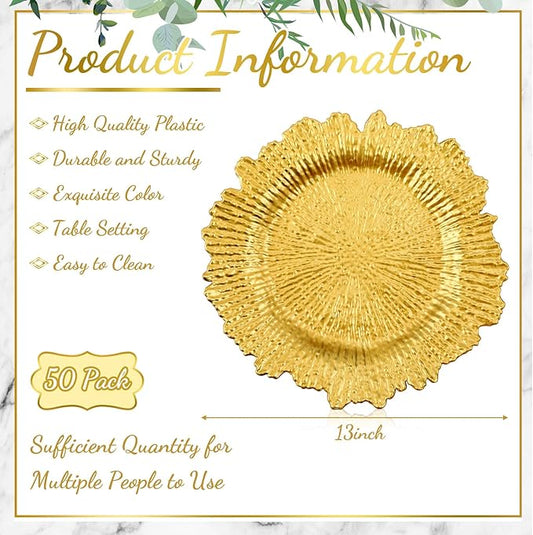 Rtteri 50 Pcs 13 Inch Charger Plates Bulk, Plastic Charger Plates with Floral Reef Design, Round Ruffled Rim Decorative Dinner Tableware for Wedding, Party, Event Table Decor(Gold)