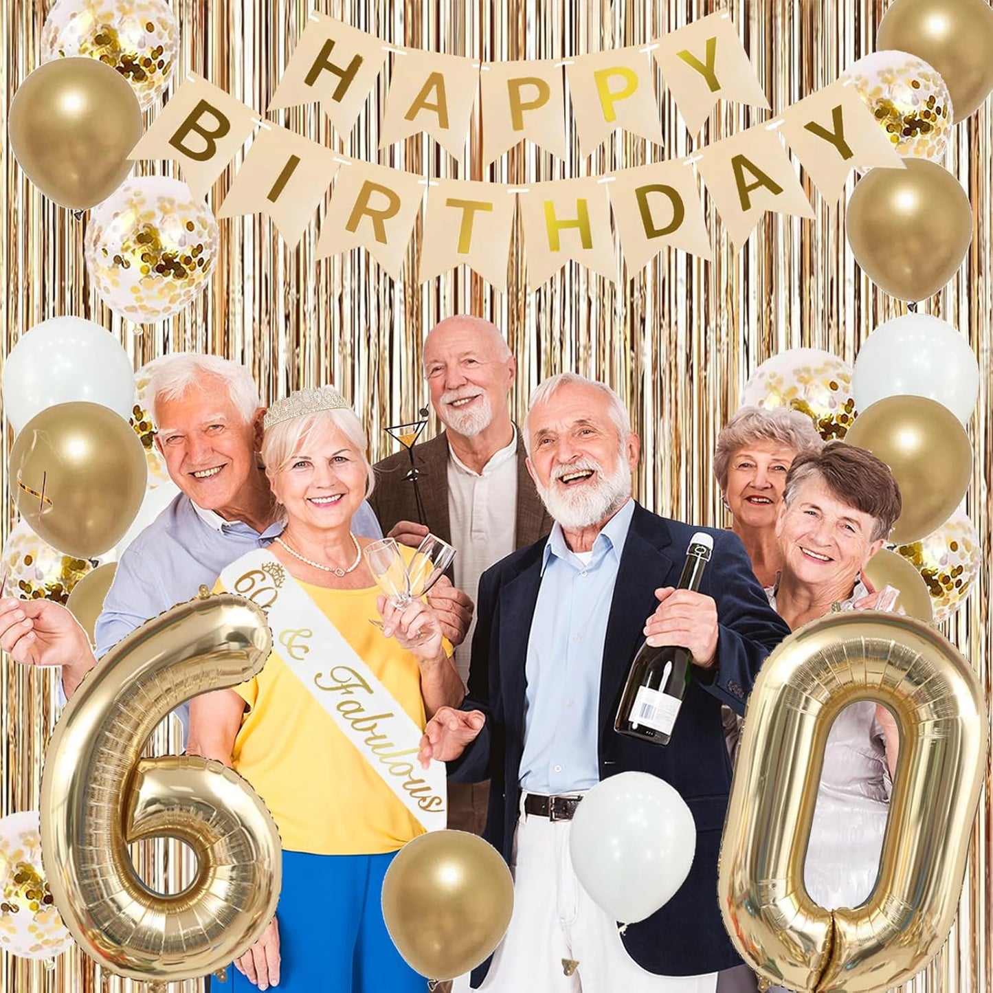 Trgowaul 60th Birthday Decorations for Women, Banner, Sash and Crown, Cake Topper, 60 Number Balloon, Fringe Curtains, Champagne Gold 60th Birthday Party Supplies
