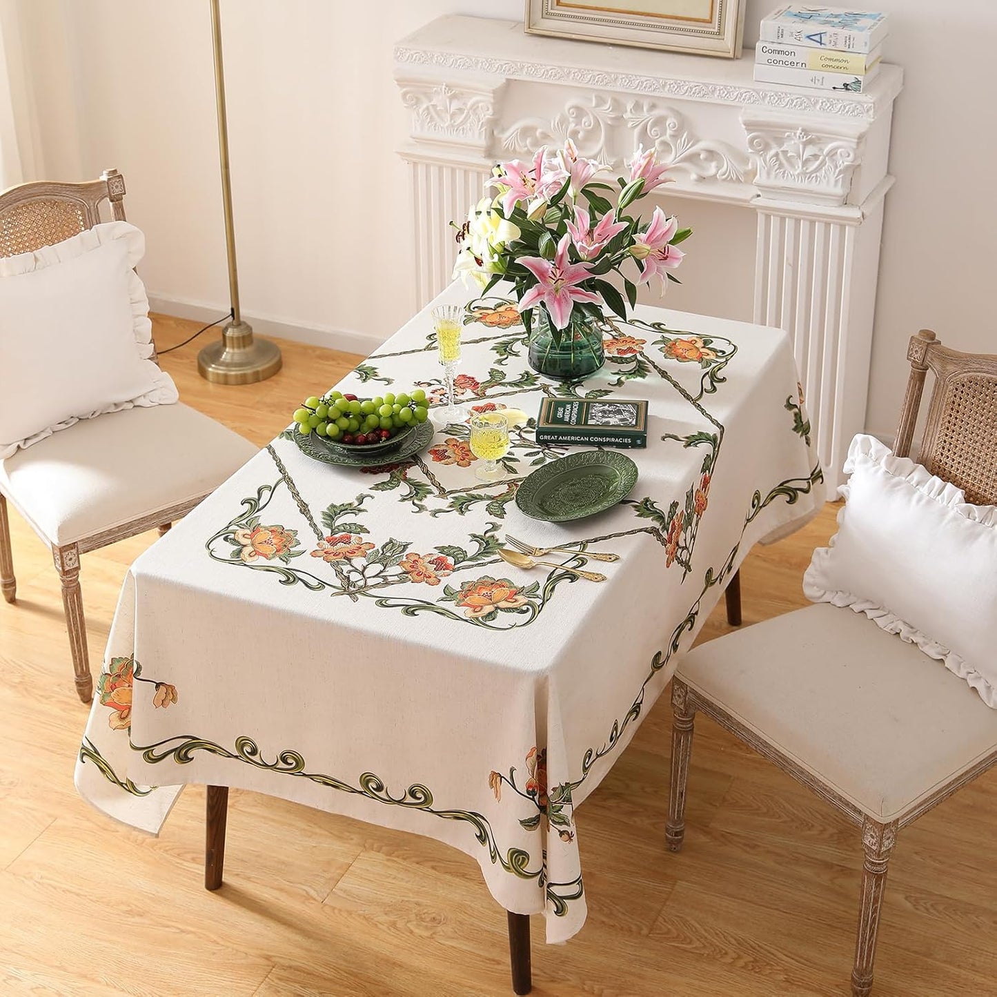 patdrea Designer Linen Rectangle Tablecloth,Vintage French Floral Tablecloths,Wrinkle Free Table Cloth,Decorative Table Cover Cloth for Kitchen,Dining,Tea Party,Home,Christmas,63"*102"