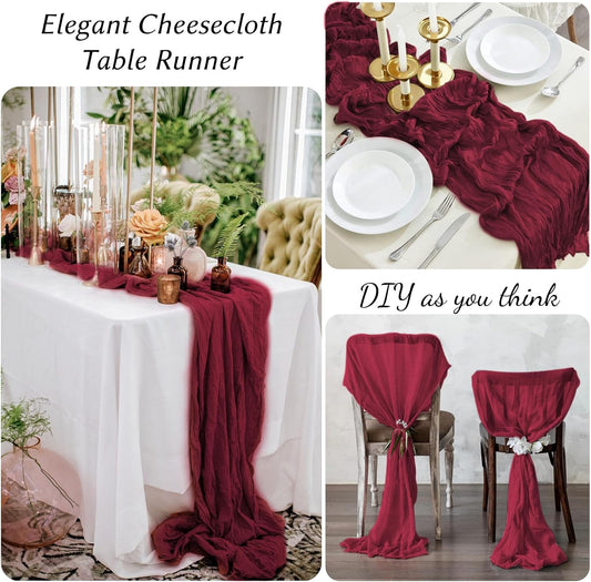 12 Pack Burgundy Table Runners 10FT Cheesecloth Table Runner 21 x 120 inch Boho Gauze Cheese Cloth Table Runner Rustic Sheer Table Runners for Party Wedding Bridal Baby Shower Birthday Table Decor