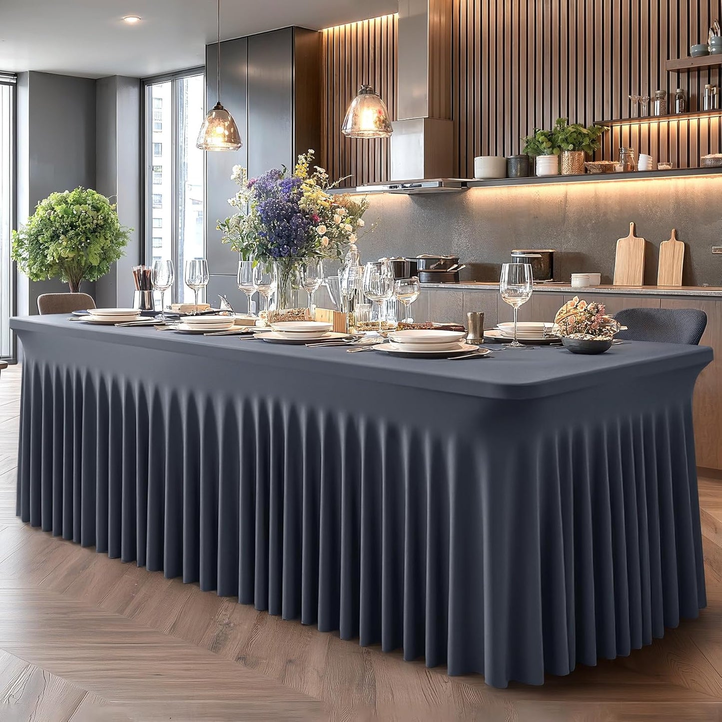 6 Packs Grey Spandex Tableclothes for 8 Foot Rectangle Table, Spandex Table Covers 8FT Stretch Table Skirts Rectangle Wrinkle Free Fitted Tablecover for Event, Wedding, Banquet & Parties