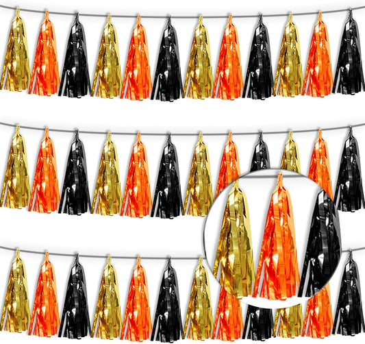 3P Orange Gold Black Tassel Banner Garland Metallic Foil Fringe Banner Tinsel Tassels Streamer Banner Backdrop for Parade Floats, Graduation Decorations, Halloween, Christmas Decorations
