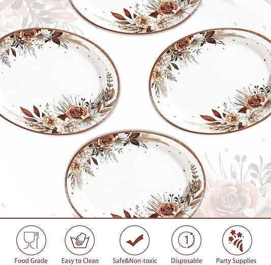 Grencian 50Pcs Fall Boho Floral Oval Paper Plates 10" x 12" Large Disposable Heavy Duty Fall Boho Rustic Dark Flower Tableware Dessert Plates for Autumn Thanksgiving Birthday Wedding Party Supplies