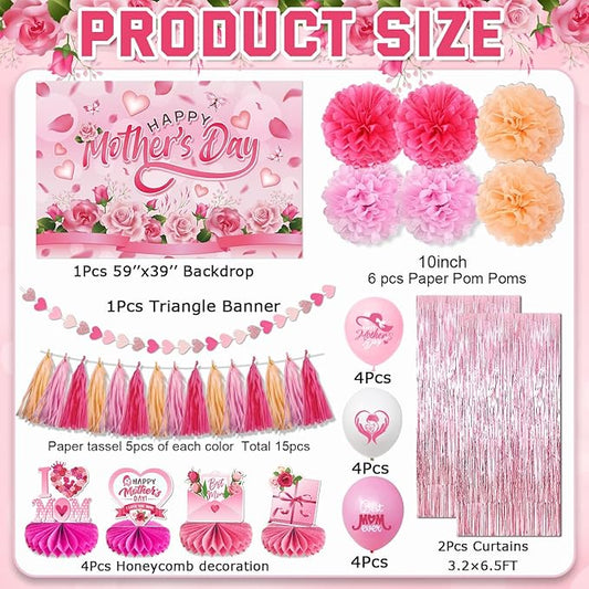 Mother's Day Decorations Pink Floral Happy Mothers Day Backdrop Honeycomb Table Centerpieces Balloons Foil Curtains Paper Pom Poms Wall Hanging Dining Decor Mothers Day Party Supplies