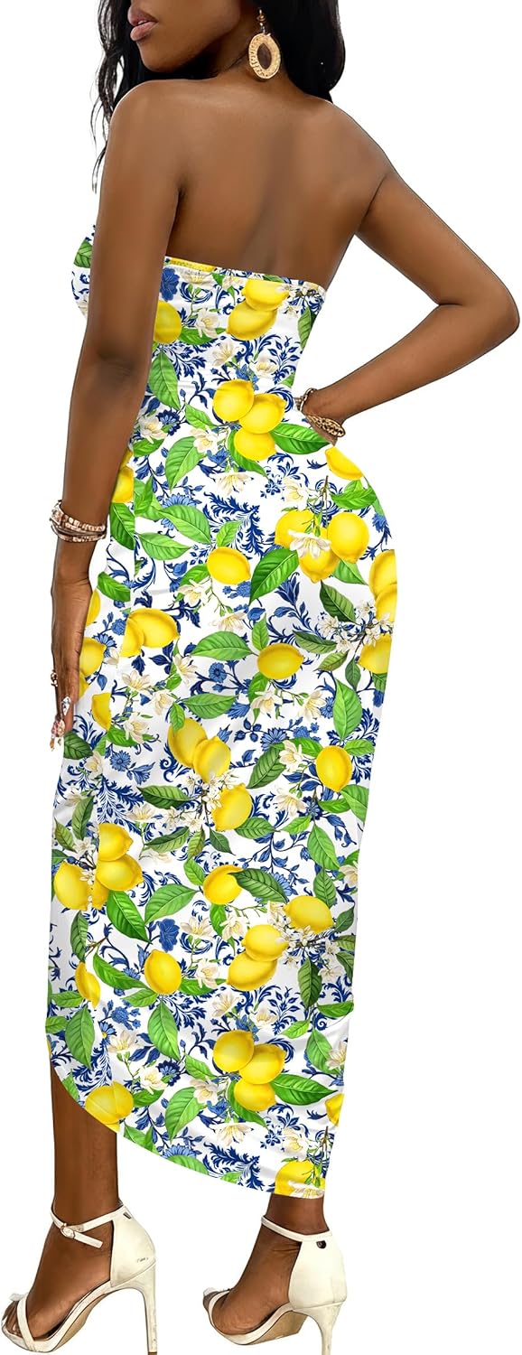 Umenlele Women's Strapless Ruched High Waist Wrap Split Asymmetrical Beach Maxi Long Dress