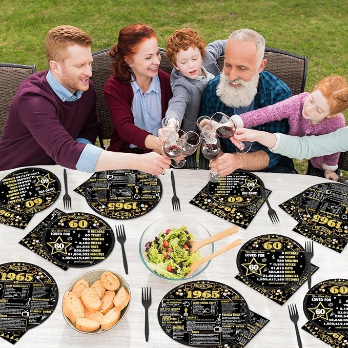 CHUNNIN 96Pcs 60th Birthday Plates and Napkins Back in 1965 Party Decorations Black Gold 60 Year Old Party Dessert Plates 1965 Tableware for 24 Guests 60th Theme Men Woman Birthday Supplies