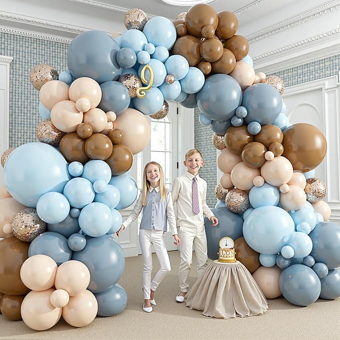 412Pcs Dusty Blue and Brown Balloon Arch Kit, 5 10 12 18inch Bear Baby Shower Decorations with Brown Sand White Dusty Blue Balloons for Baby Shower Decorations Gender Reveal Birthday Party Decoration