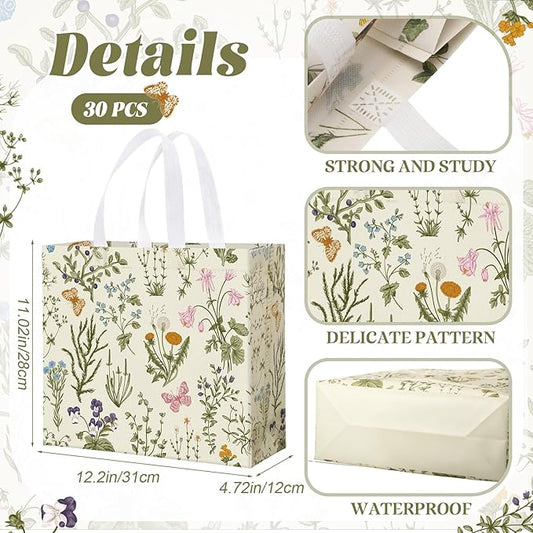 Abbylike 30 Pcs Wildflower Gift Bag Large Floral Shopping Bag Vintage Non Woven Tote for Party, 12.2 x 11.02 x 4.72 Inches