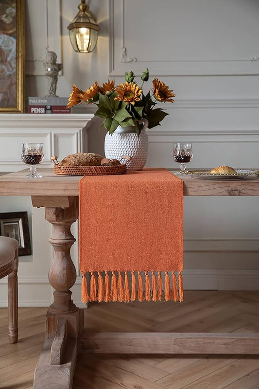 ZeeMart Burnt Orange Table Runners 60 Inches Long, Burlap Linen Style Rustic Farmhouse Fall Table Runner, Boho Woven Dining Table Runner, 13x60 Inches, Harvest Pumpkin