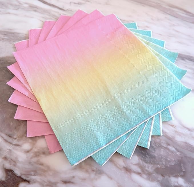 Party Paper Napkins - 50 Pack Pastel Birthday Disposable Paper Napkins with on Pink Yellow Blue Ombre Gradient for Cocktail Party Supplies - 6.5" x 6.5" inches (Any Occasion)