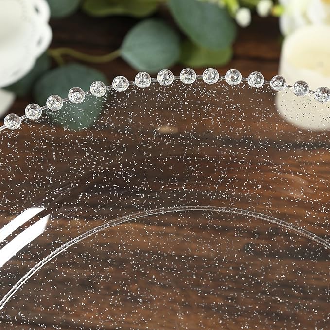 Efavormart 10-Pack Economy Plastic Charger Plates 13" Round Clear/Silver Glitter with Beaded Rim - Stylish Dinner Party Serving Plates