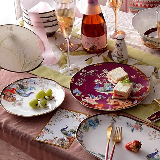 ACMLIFE Bone China Dinnerware Set, Porcelain Dinnerware Sets for 4, Vintage Floral China Dinnerware Set, Light Blue 12 Piece China Set Lightweight Bone China Dinner Sets Plates and Bowls Set (Red)