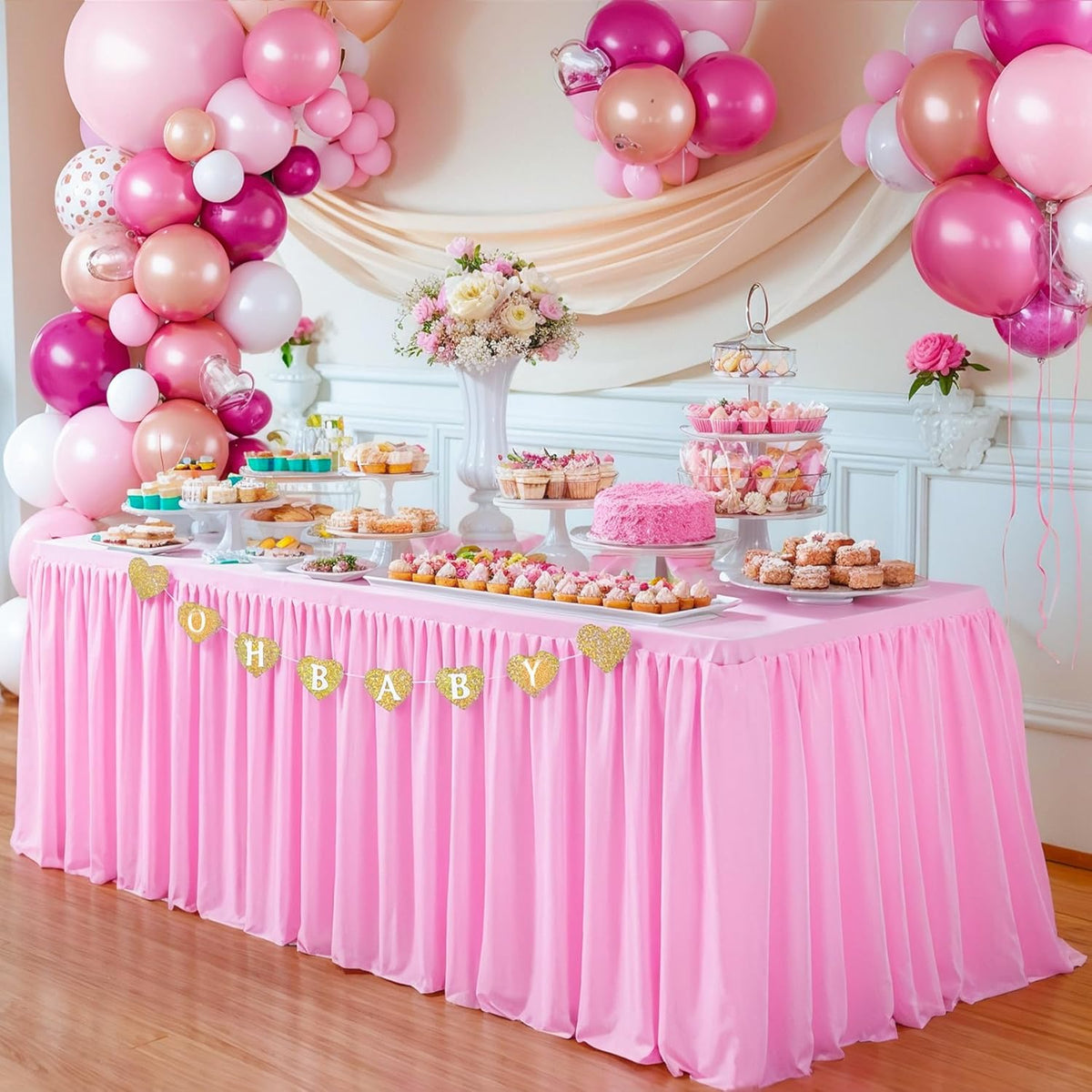 Pink Polyester Table Clothes for 4 Foot Rectangle Tables, Wrinkle Free Fitted Table Cover with Pleated Ruffle Table Skirt for Birthday Party Wedding Trade Show Event Display