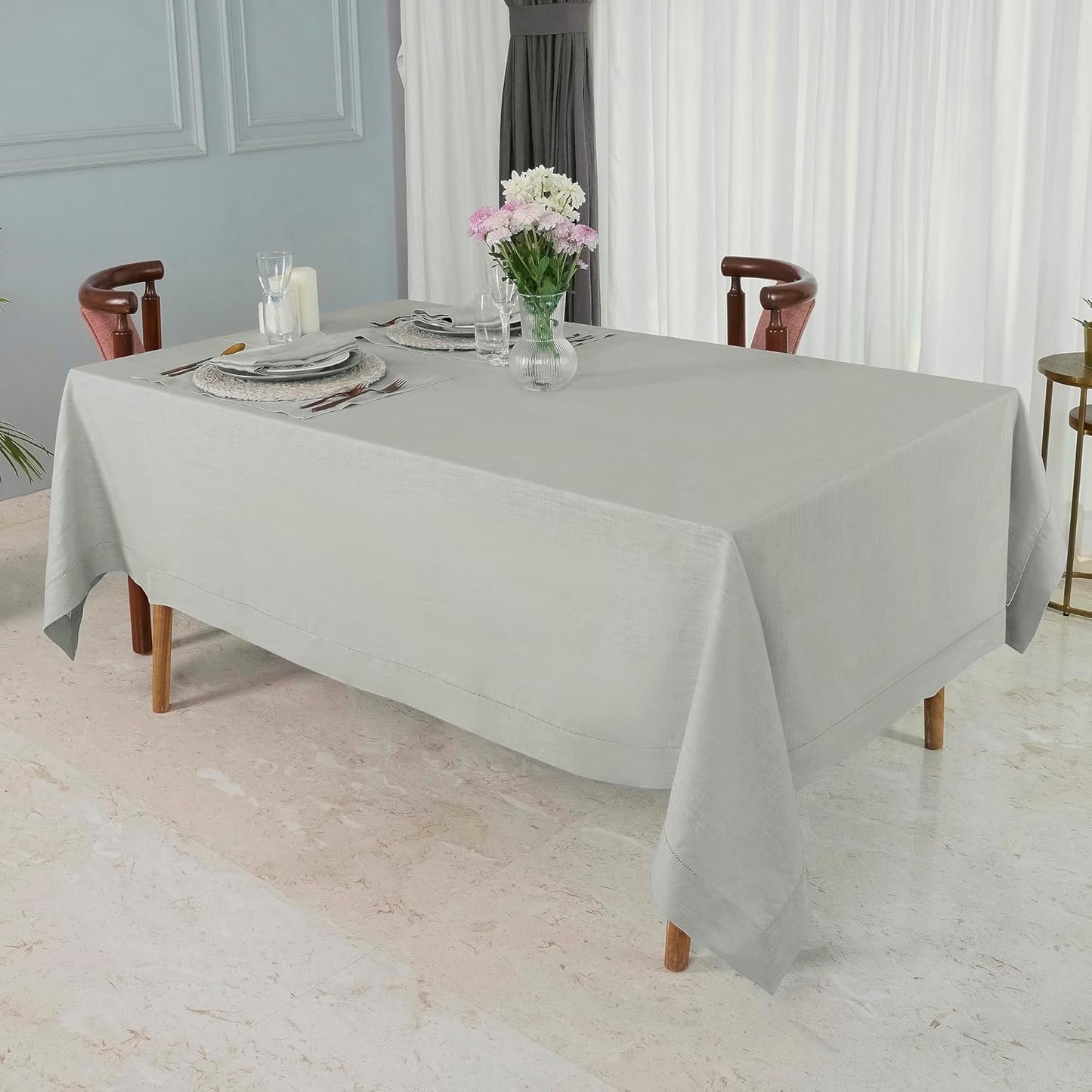 D'Moksha Homes Silver Grey Linen Tablecloth for Rectangle Tables 60 x 90 Inch - 100% Pure Linen Grey Table Cloth - Classic Hemstitch, Machine Washable Tablecloth for Fall, Autumn and Halloween