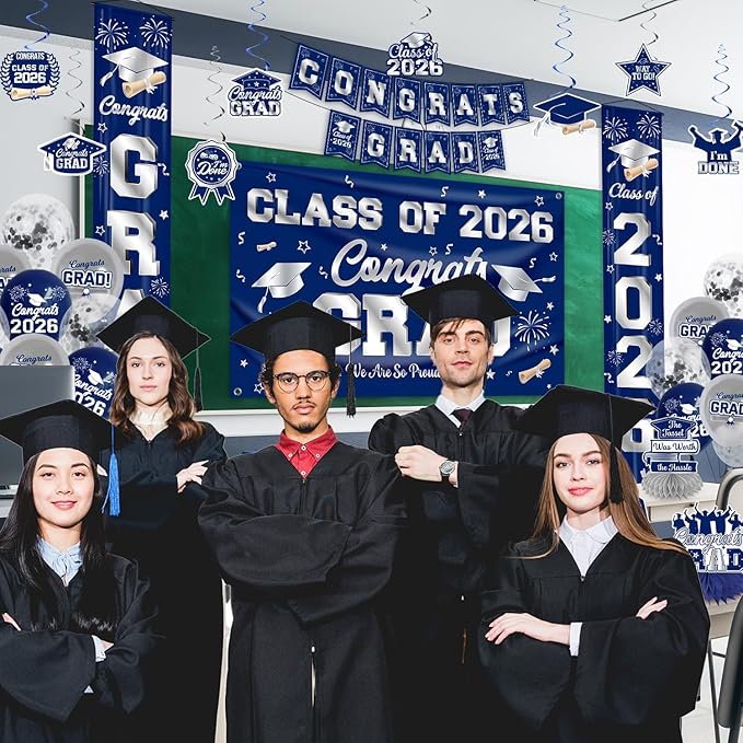 Graduation Decorations Class of 2026 Blue and Silver Graduation Party Decor Set include Congrats Grad Banner Backdrop Class of 2026 Balloons Party Supplies