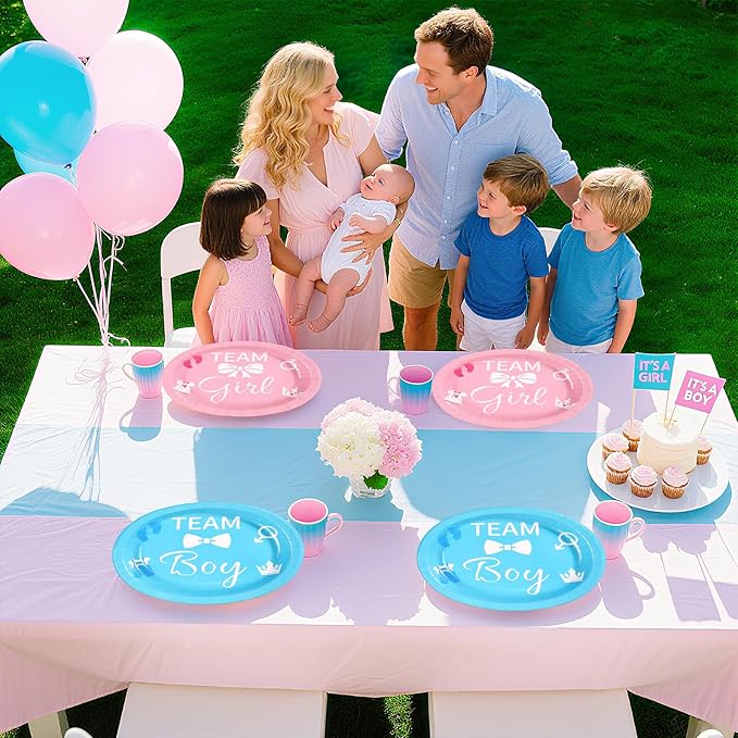 Grencian 50Pcs Gender Reveal Party Supplies 10" x 12" Large Heavy Duty Gender Reveal Oval Paper Plates Disposable Blue or Pink Boy or Girl Dessert Plates for Birthday Baby Shower Party Decor