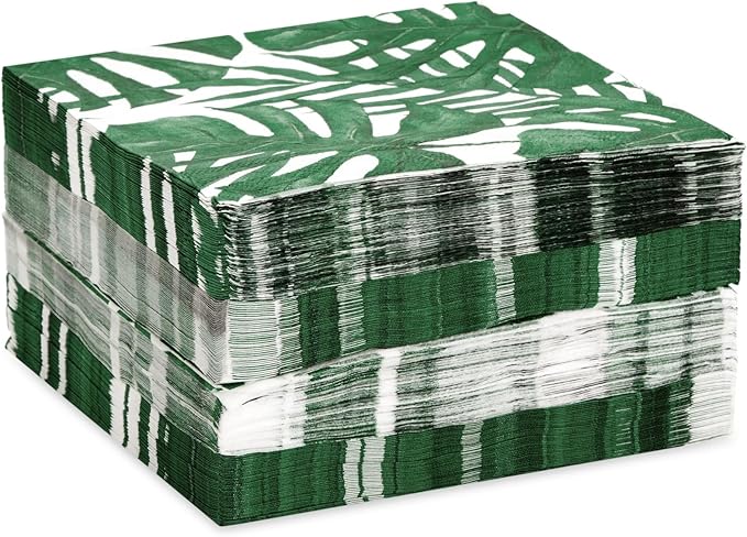 BLUE PANDA Tropical Napkins Palm Leaf Design - 6.5 x 6.5 in Folded, 150 Count, 2-Ply, Green & White - Tropical Leaf Cocktail & Tiki Napkins for Luau & Jungle Themed Parties