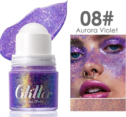 Erinde Holographic Body Glitter Gel, Roll-On Face Hair Glitter for Mermaid Makeup Festival Party Rave Accessories, Chunky Sequins Chameleon Shimmer Christmas Makeup for Women Girls, 08 Purple