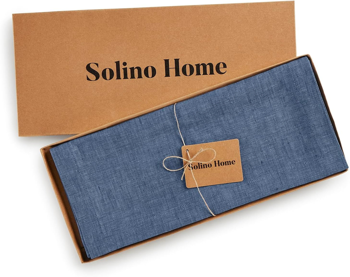 Solino Home Linen Table Runner 144 Inches Long - Athena, 100% Pure Linen Blue Denim Dining Table Runner 14 x 144 Inch for Christmas