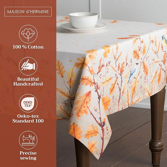 Maison d' Hermine Table Cloth Rectangle Table 100% Cotton 60 x 108 Inches Fall Tablecloth Reusable Everyday Use for Thanksgiving Christmas Decorations Dining Farmhouse Party (Oak Leaves)
