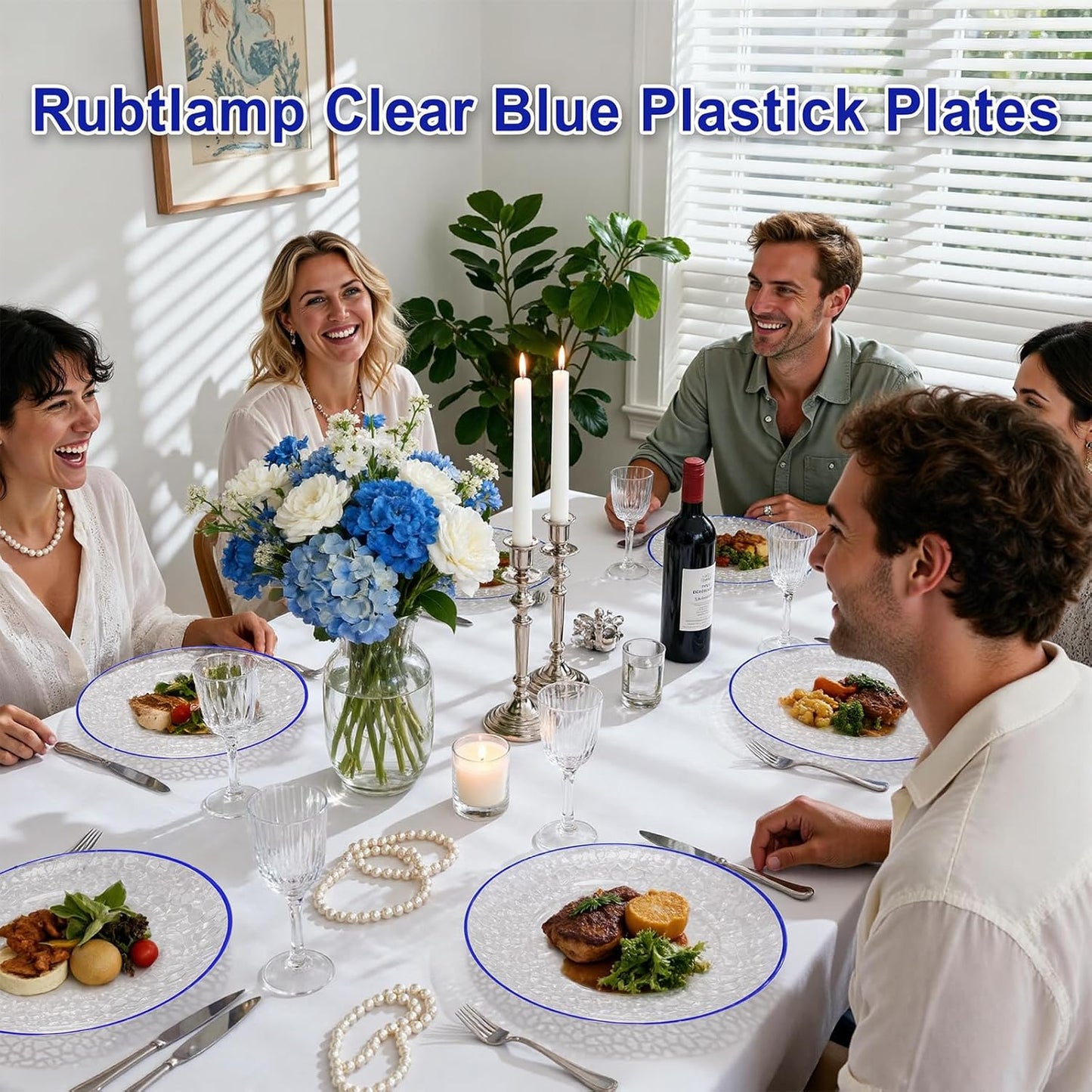 Rubtlamp 60Pcs Blue Plastic Plates, Clear Disposable Plates With Blue Rim, Heavy Duty Fancy Party Plates, Hammered Disposable Plates Include 30 Dinner Plates, 30 Dessert Plates For Wedding