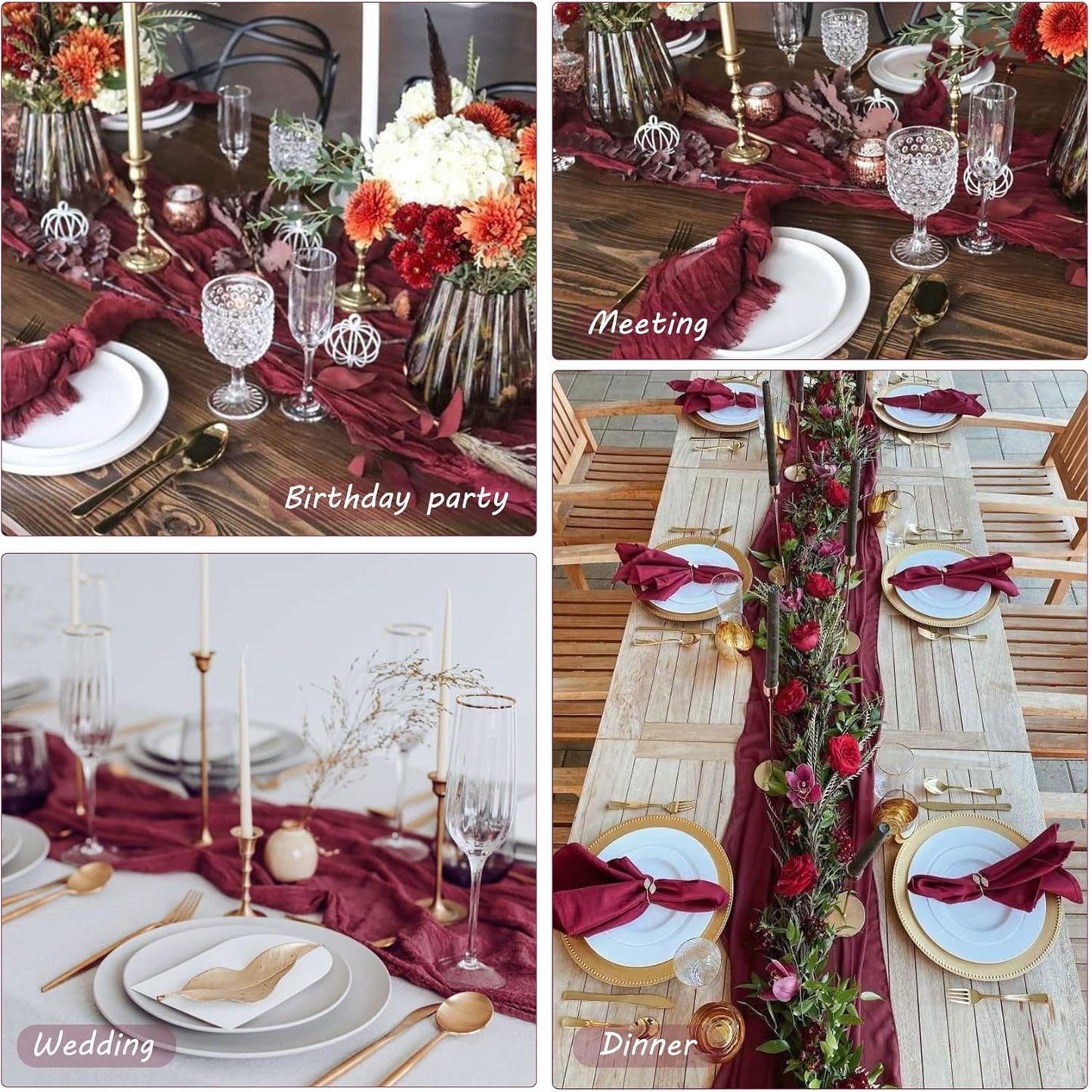 12 Pack 10Ft Cheesecloth Table Runner 35x120 Inch Boho Gauze Table Runner Rustic Cheese Cloth Long Romantic Table Runners for Wedding Bridal Shower Birthday Party Table Decor (Burgundy)