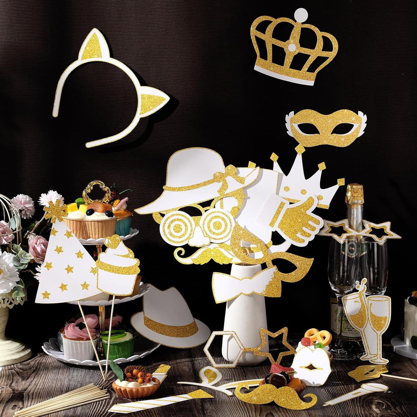 Zonon 24 Pieces Funny Photo Booth Props:Halloween,Christmas,Family Reunion, Class Reunion, Birthday, Weddings, Prom Disco Mardi Gras Party Supplies - Mix of Hats, Lipstick, Tie(White and Gold)