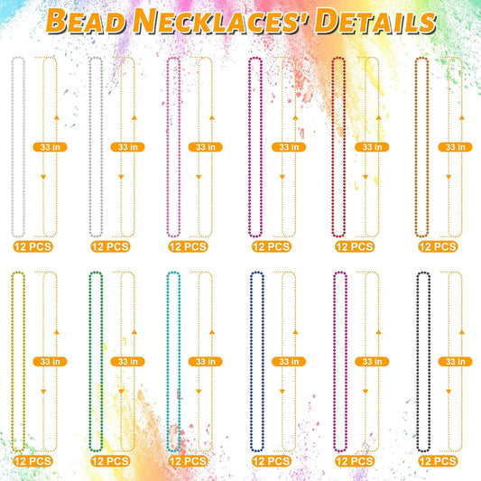 144PCS Mardi Gras Beads, Metallic 12 Kinds Bead Necklace Party Supplies, 33" Mardi Gras Necklace Costume Stuff, Festival Parade Throw Accessories for Wedding Birthday Celebrations Decorations