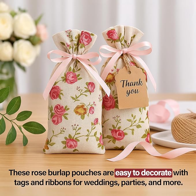 Mandala Crafts 16X20 Inch Rose Burlap Drawstring Gift Bags for Favors - 10 Large Floral Linen Sacks Gift Pouches for Candy, Coffee, Jewelry, Wedding, and Party Supplies
