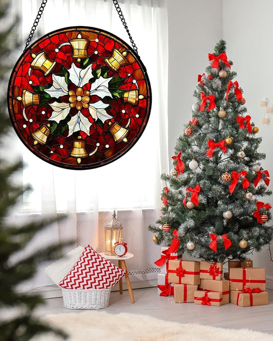 Stained Glass Window Hanging - Golden Bells Flowers Suncatcher for Doors Home Christmas Decoration Winter Sun Catcher Thanksgiving New Year Birthday Gift for Friend Women Men Mom Nana 6.3 in