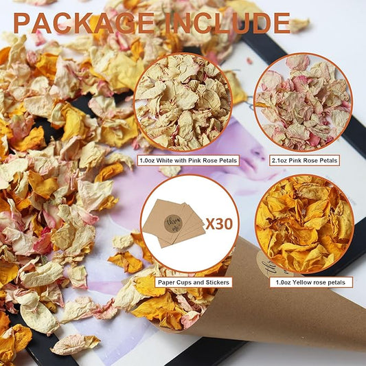 2.5 QT Dried Rose Flower Petals Biodegradable Confetti, 30 Cups Mix Real Natural White Pink Yellow Rose Petals for Wedding Proposal Party Valentine's Day Decor Flower Girls