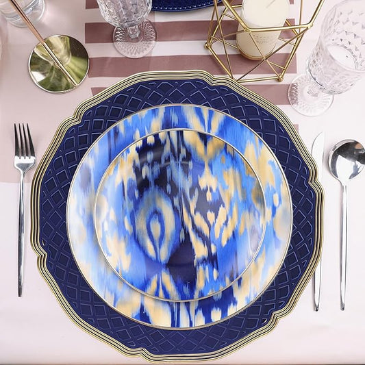 Royal Blue Charger Plates with Beaded Rims, Set of 6 Plastic Wedding Bulk Plate Charges for Dinner Plates, Table Decoration, Holiday, Thanksgiving, Christmas.