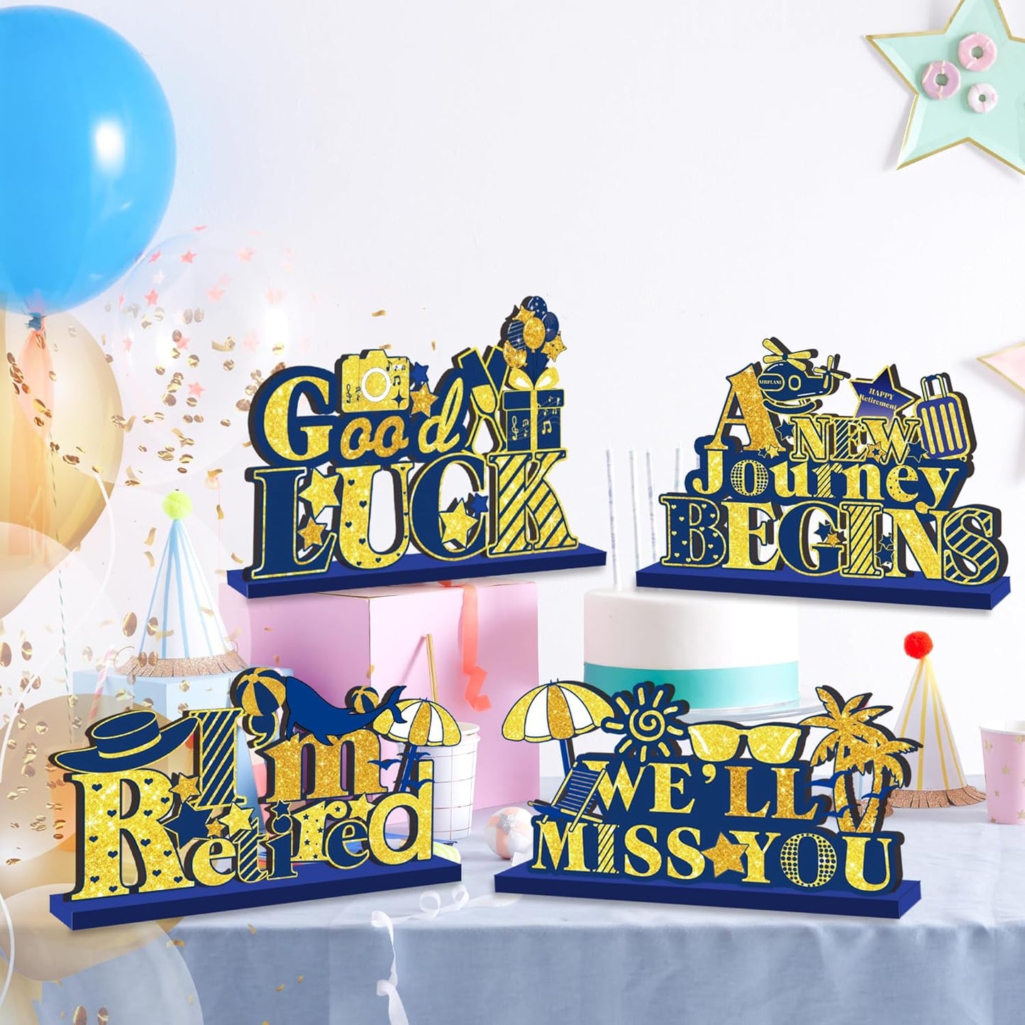 4Pcs Retirement Party Decorations Wooden Table Sign, Blue Gold Retirement Wooden Table Centerpieces Party Supplies, Retired Theme Farewell Sign, Retirements Gift We'll Miss You Decor (blue)