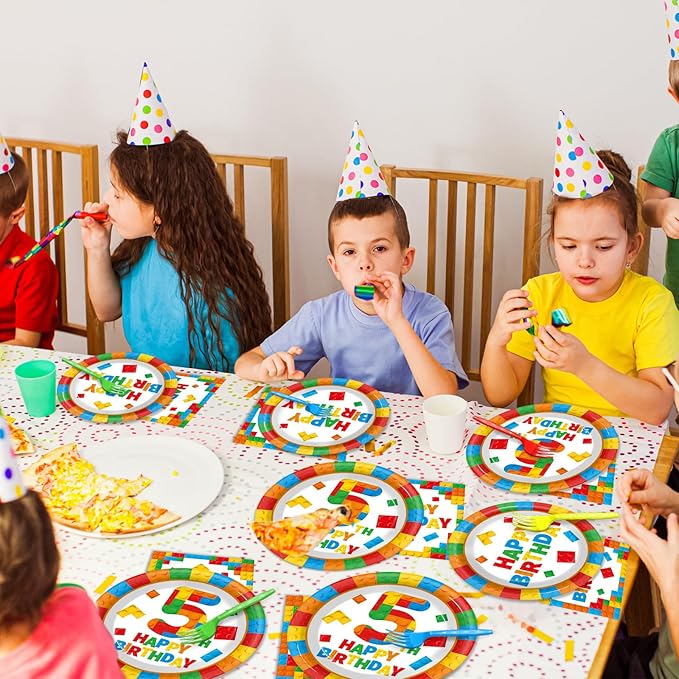 96 Pcs Building Blocks 5th Birthday Paper Plates and Napkins Building Bricks 5th Happy Birthday Tableware Set Brick Theme Party Disposable Plates Set for Boys Kids 5 Years Old Party Decorations