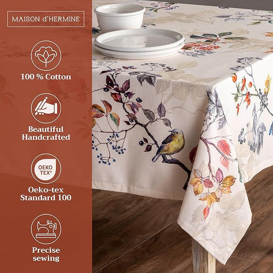 Maison d' Hermine Table Cloth Rectangle Table 100% Cotton 60 x 90 Inches Fall Tablecloth Reusable Everyday Use for Thanksgiving Christmas Decorations Dining Farmhouse Party (Equinoxe - Beige)