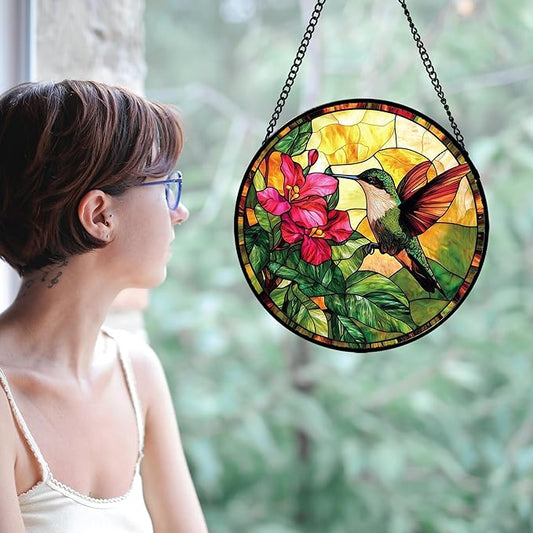 Stained Glass Suncatcher, Hummingbird Red Flowers Green Leaves Sun Catcher Stain Glass Window Hanging Decoration Mother's Day Birthday Gifts for Bird Lover Women Men Mom Nana 11.8 in