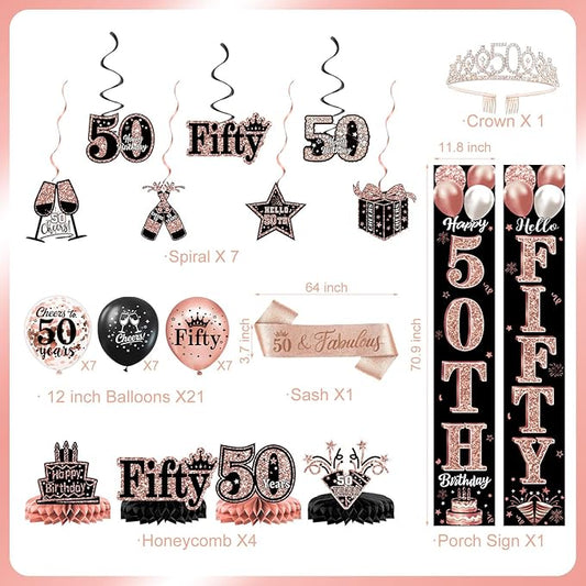 50th Birthday Decorations for Women, 38-Piece Black and Rose Gold 50 Years Old Party Supplies with Backdrop, Honeycomb Centerpieces, Banner, Hanging Swirls, Porch Banner, Balloons, Sash, Crown
