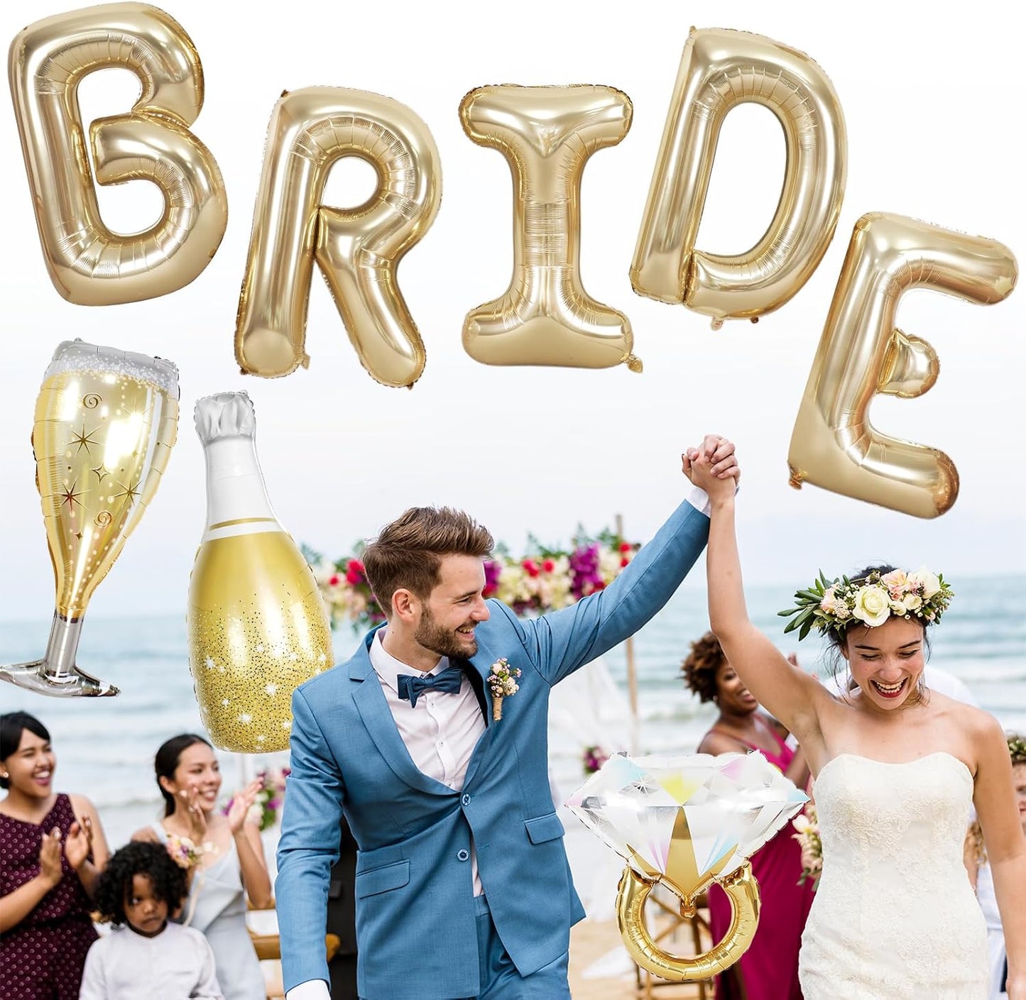 40inch Bride Balloons Light Gold Letters Banner, Bachelorette Party Decoration Set with Diamond Ring Champagne Bottle Balloon Glass Foil Balloon for Bachelorette Engagement Wedding Bridal Shower Decor