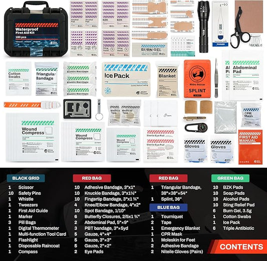 RHINO RESCUE Waterproof Marine First Aid Kit for Boat Durable First Aid Box for Crews with Emergency Medical Supplies for Travel & Fishing (Black)