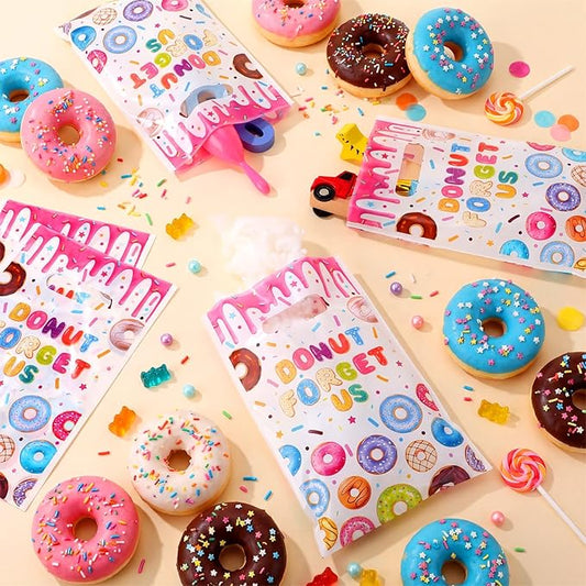 Supervitae 100 Pcs Donut Forget Us Plastic Gift Bags Goodbye Party Favor Bags Bulk with Handles for Coworker, Retirement, Going Away, Office Farewell and Leaving Goodie Candy Treat Party Supplies