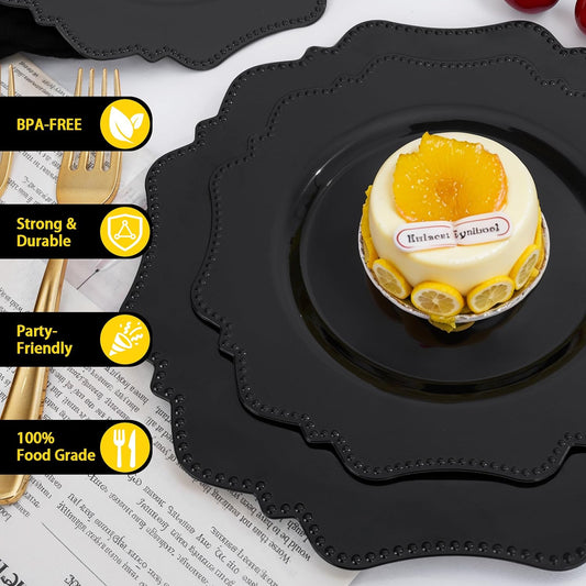 COLOSUS 100pcs Black Plastic Plates - Heavy Duty Black Plastic Plates Disposable for Party/wedding Include 50pcs Dinner Plates and 50pcs Dessert Plates.