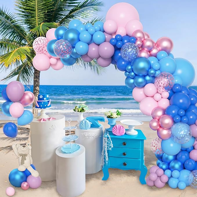 Amandir 153pcs Pink and Blue Balloon Arch Garland Kit, Different Sizes 18 12 10 5 inch Pastel Blue Pink Purple Confetti Balloons for Boys Girls Shower Pool Summer Party Gender Reveal Decorations