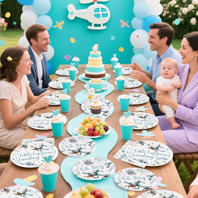 Grencian 96Pcs Airplane Baby Shower Decorations Airplane Boy Baby Shower Paper Plates and Napkins Disposable Party Supplies Plates for Boys Little Explorer Landing Soon Adventure Party Decorations