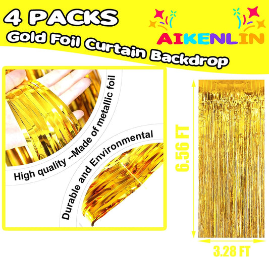 4 Pack 3.3Ft x 6.6Ft Gold Foil Fringe Curtain Backdrop, Metallic Tinsel Foil Fringe Streamers Curtains Background for Photo Booth, Birthday, Wedding, Halloween, Christmas Party Decoration